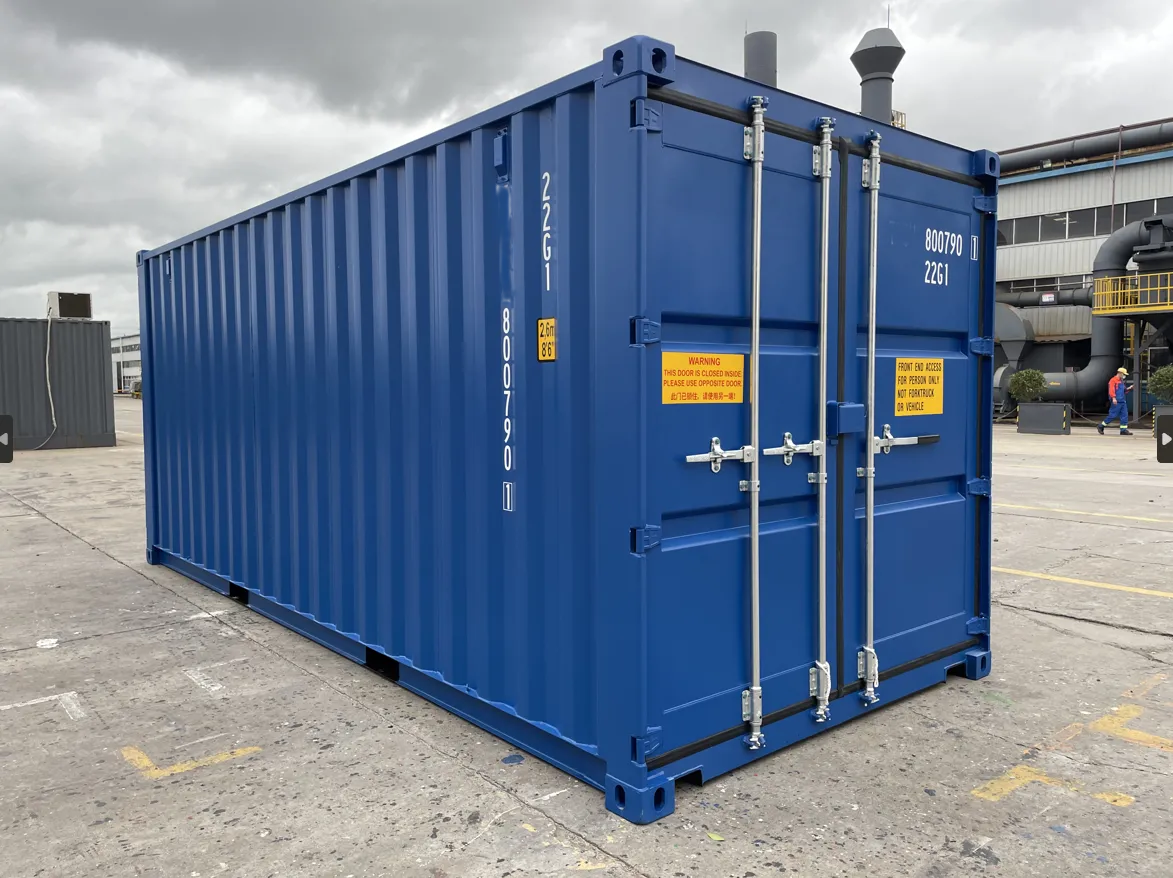 Blauer 20-Fuß Double-Door-Container, Stirnseite mit geschlossenen Doppelflügeltüren.