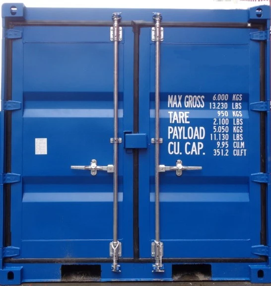 Blauer 8-Fuß Mini-Lagercontainer mit geschlossenen Doppeltüren, Frontansicht.