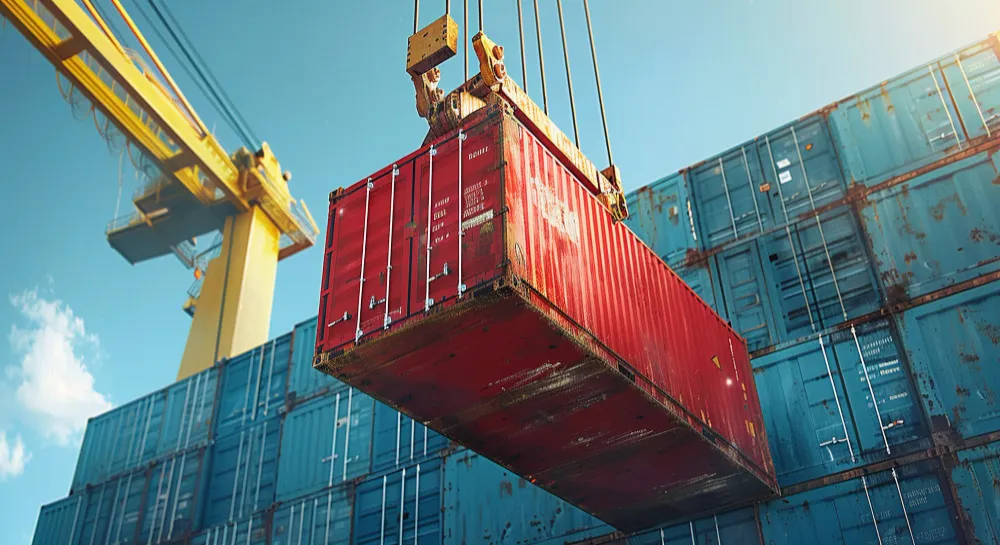Containertransport im Hafen: Kran hebt einen roten Seecontainer vor gestapelten Containern.