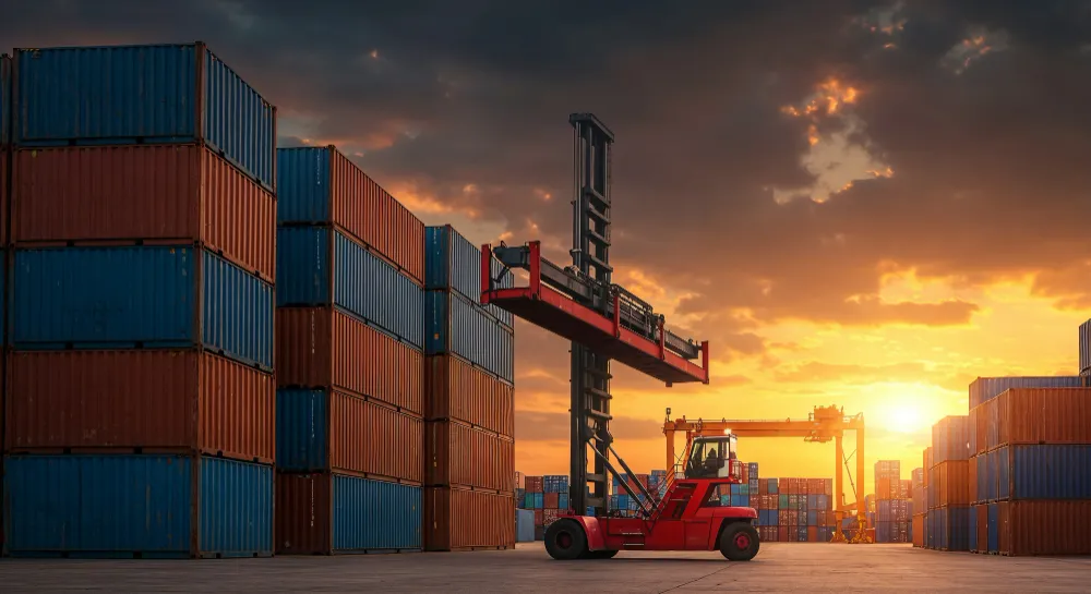 Containerumschlag im Hafen: Reach-Stacker hebt einen Seecontainer vor gestapelten Containern bei Sonnenuntergang.