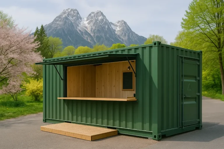 Grüner Container-Kiosk mit großer Verkaufsklappe, Holztheke und Holzinnenausbau, Außenansicht.