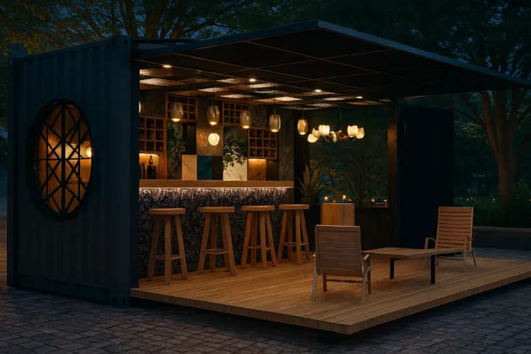 Container-Bar mit offener Front, Holzdeck, Barhockern und warmem Lichtkonzept bei Dämmerung.