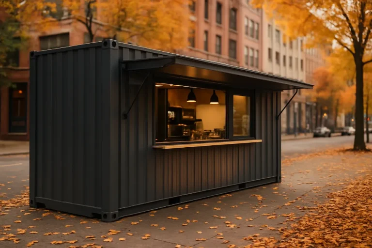 Schwarzer Gastro-Kiosk aus Container mit geöffneter Verkaufsklappe in einer Stadtstraße im Herbst.