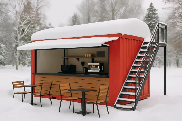 Roter Container-Kiosk mit geöffneter Theke, Sitzbereich davor und Außentreppe zur Dachplattform im Schnee.
