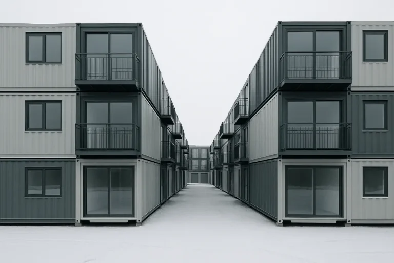 Container-Wohnanlage in Grau mit Balkonen und großen Fensterfronten, Blick durch eine zentrale Passage.