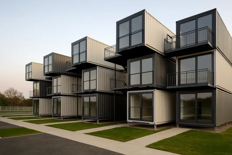 Modulare Container-Apartments mit versetzten Einheiten, Balkonen und großen Fenstern auf einer Anlage.