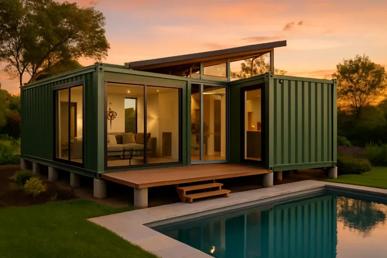 Modernes Containerhaus in Grün mit großen Glasfronten und Terrasse, Pool im Vordergrund bei Sonnenuntergang.