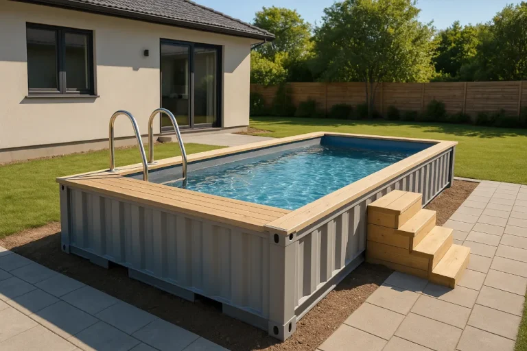 Containerpool im Garten neben einem Haus, mit Holzumrandung, Einstiegstreppe und Leiter.