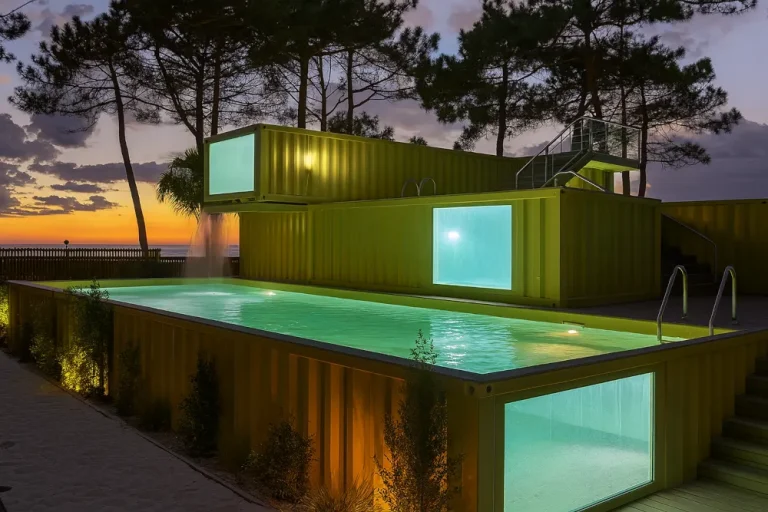 Container-Schwimmbad aus gestapelten Containern mit beleuchteten Fensterflächen, Abendstimmung im Freien.