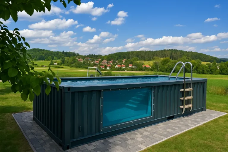 Containerpool mit großer Sichtscheibe an der Seite und Leiter, auf einer Terrasse mit Landschaftsblick.