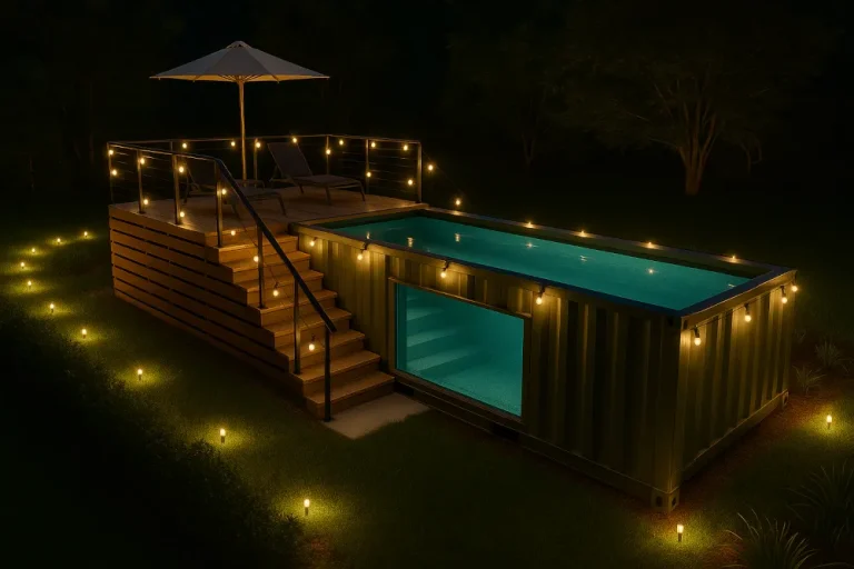 Beleuchteter Containerpool mit Holzdeck, Treppe, Sonnenschirm und Sichtfenster bei Nacht.