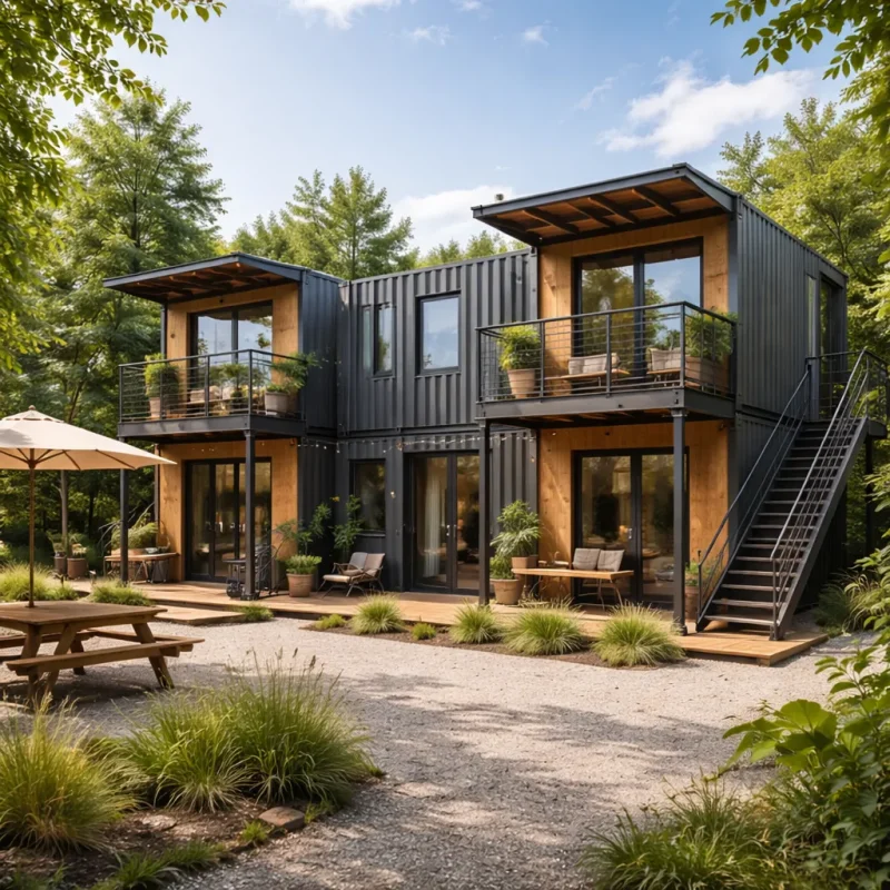 modularer wohncontainer-komplex als flexibles wohnhaus mit holzfassade und balkon