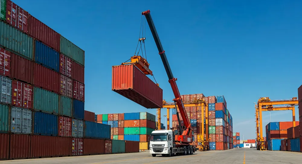 Kran-Lkw hebt einen Seecontainer im Containerterminal; Containerstapel und Portalkräne im Hintergrund.