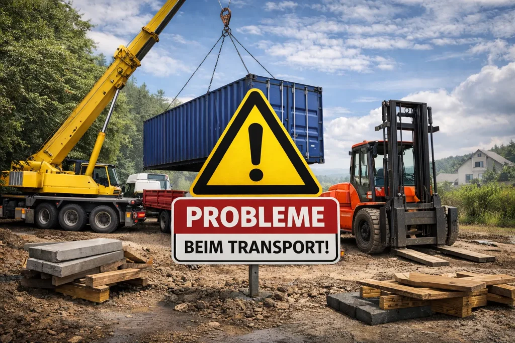 Containerlieferung und Entladung: Kran setzt Seecontainer ab – Probleme beim Transport durch Zufahrt und Untergrund.