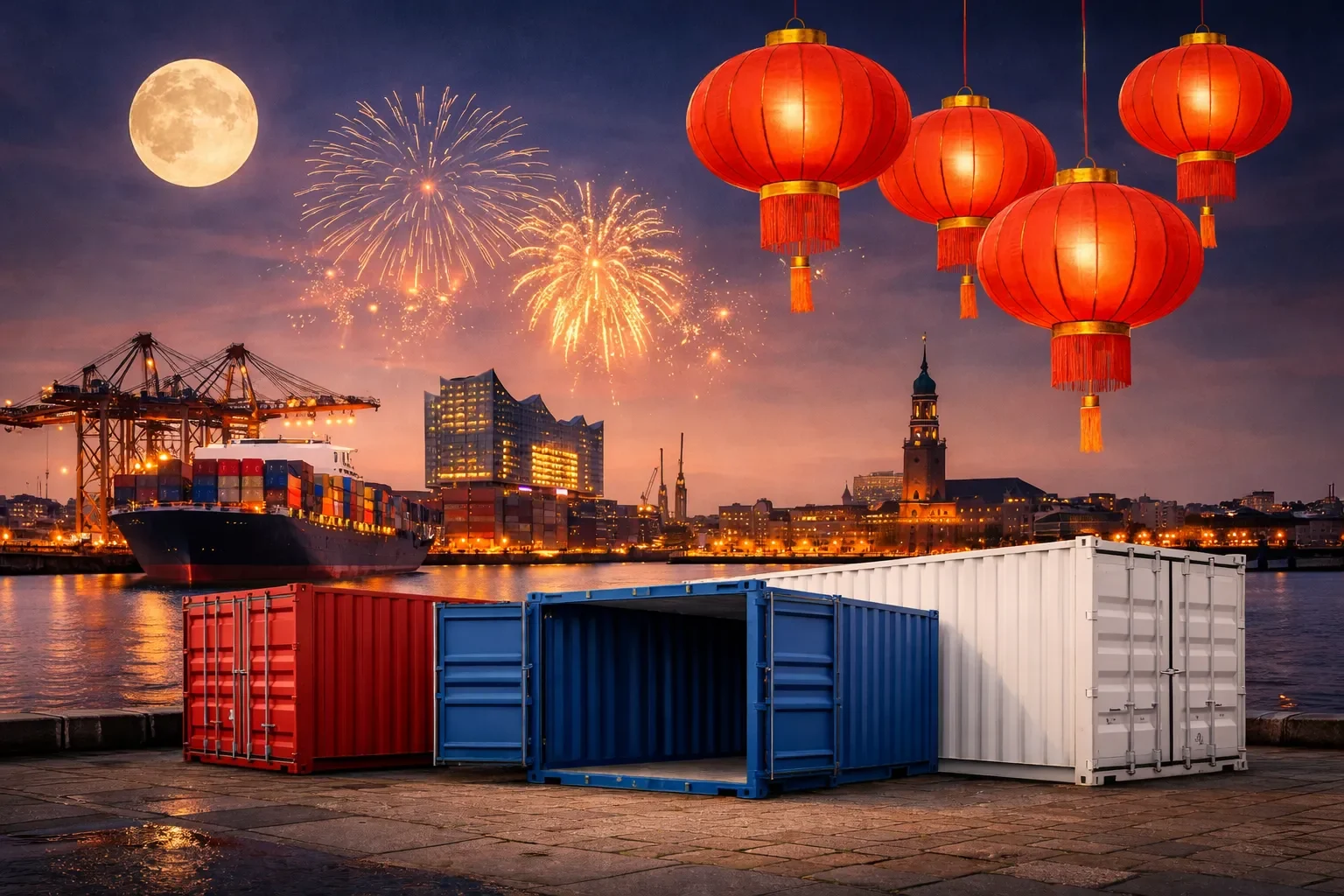 Hamburger Hafen bei Nacht mit Containern und Containerschiff – Einfluss des chinesischen Neujahrs auf die Containerlogistik