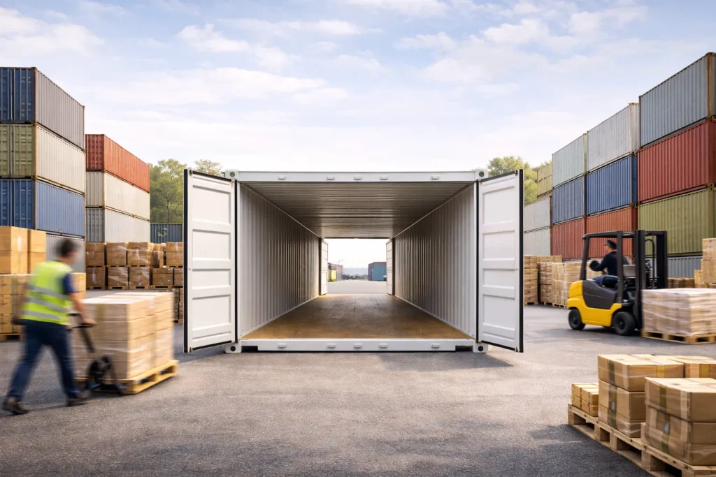 Double Door Container mit geöffneten Türen an beiden Stirnseiten im Logistikbereich