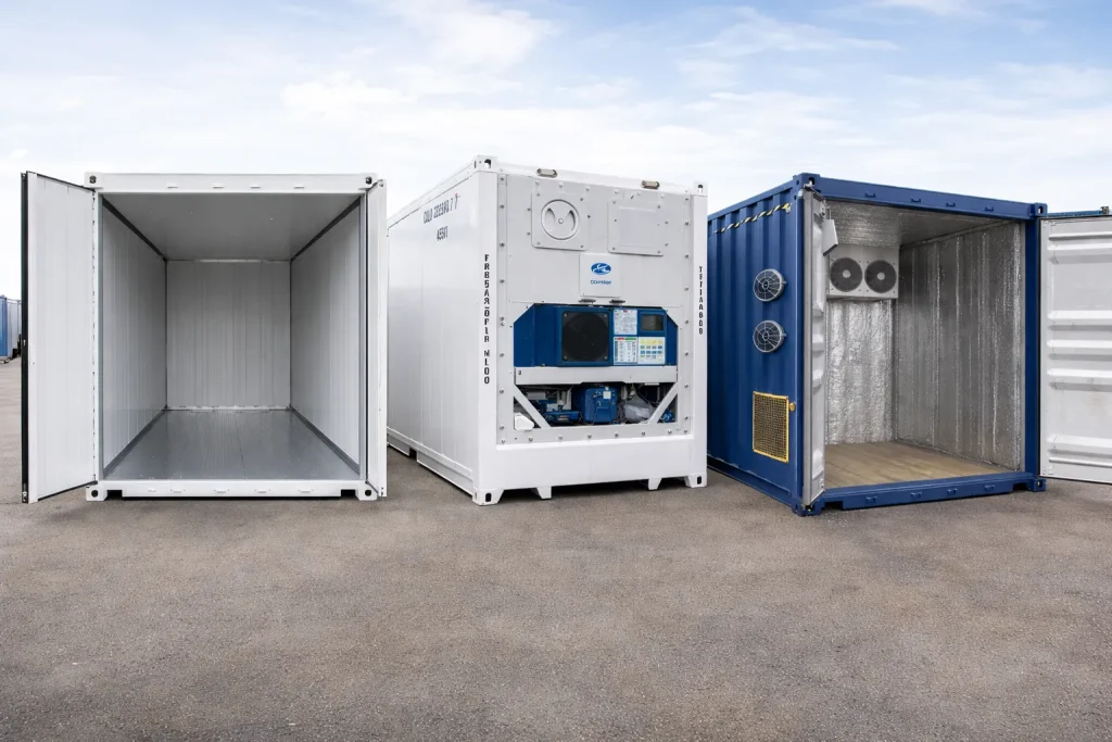Vergleich von isoliertem Container, Kühlcontainer und Container mit Dämmung oder Lüftung zur Vermeidung von Kondenswasser.