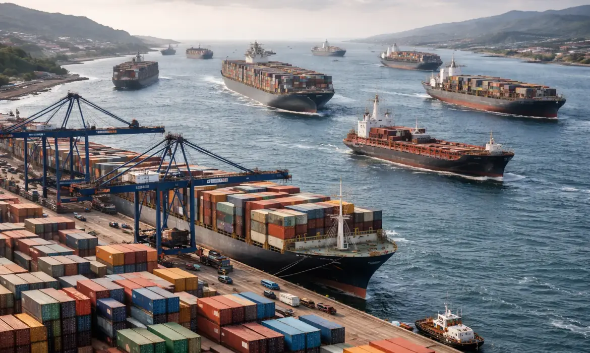 Wartende Frachtschiffe vor einem Containerterminal mit gestapelten Seecontainern