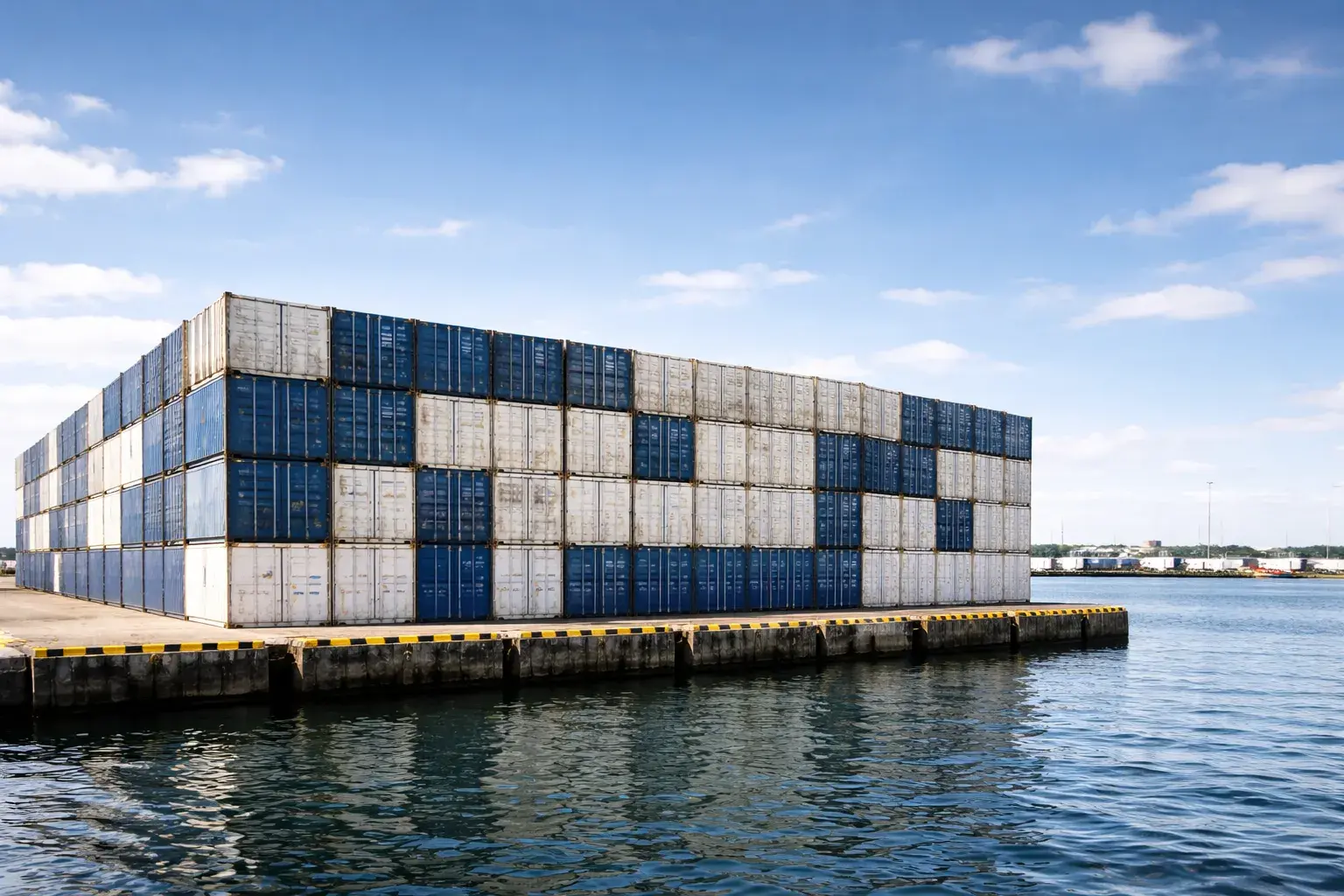 Gestapelte gebrauchte Container als Schutzwand direkt am Wasser im Hafen von Cuxhaven