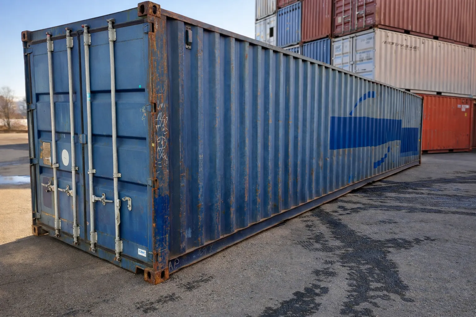 Gebrauchter 40 Fuß High Cube Container in Blau, schräge Seitenansicht auf dem Depotgelände.
