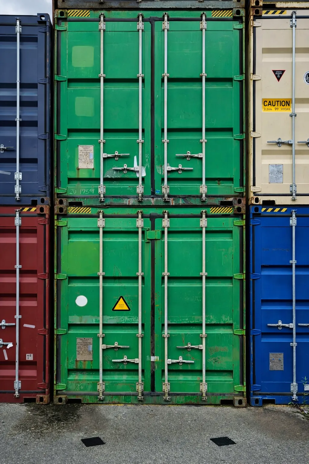 Gebrauchte 40 Fuß High Cube Container in Grün, frontale Ansicht mit geschlossenen Türen.